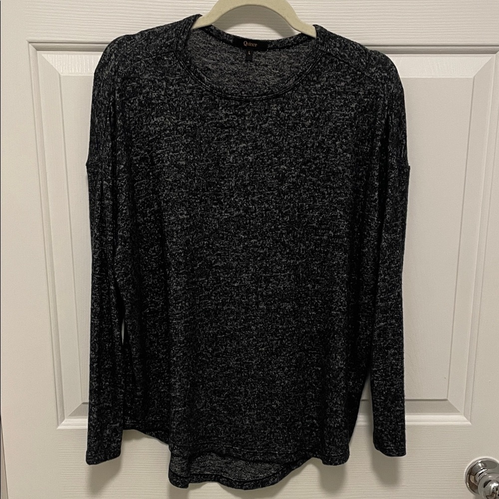 QUINCE Black Grey Long Sleeve Top Large Crew Neck Slight Stretch Casual